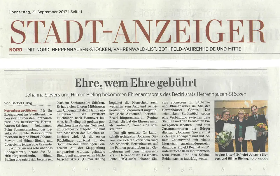 „ Ehre, wem Ehre gebührt “ (Quelle: Stadtanzeiger)