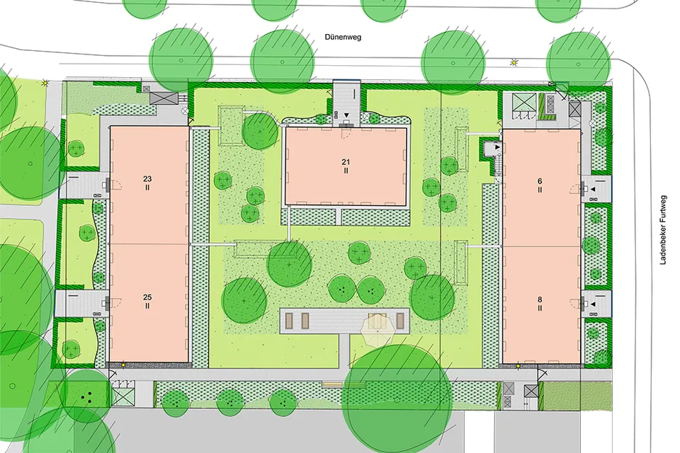 Ladenbecker Furtweg 6/8 und Dünenweg 21 – 25 – Freianlagen im Geschosswohnungsbau, Foto 1