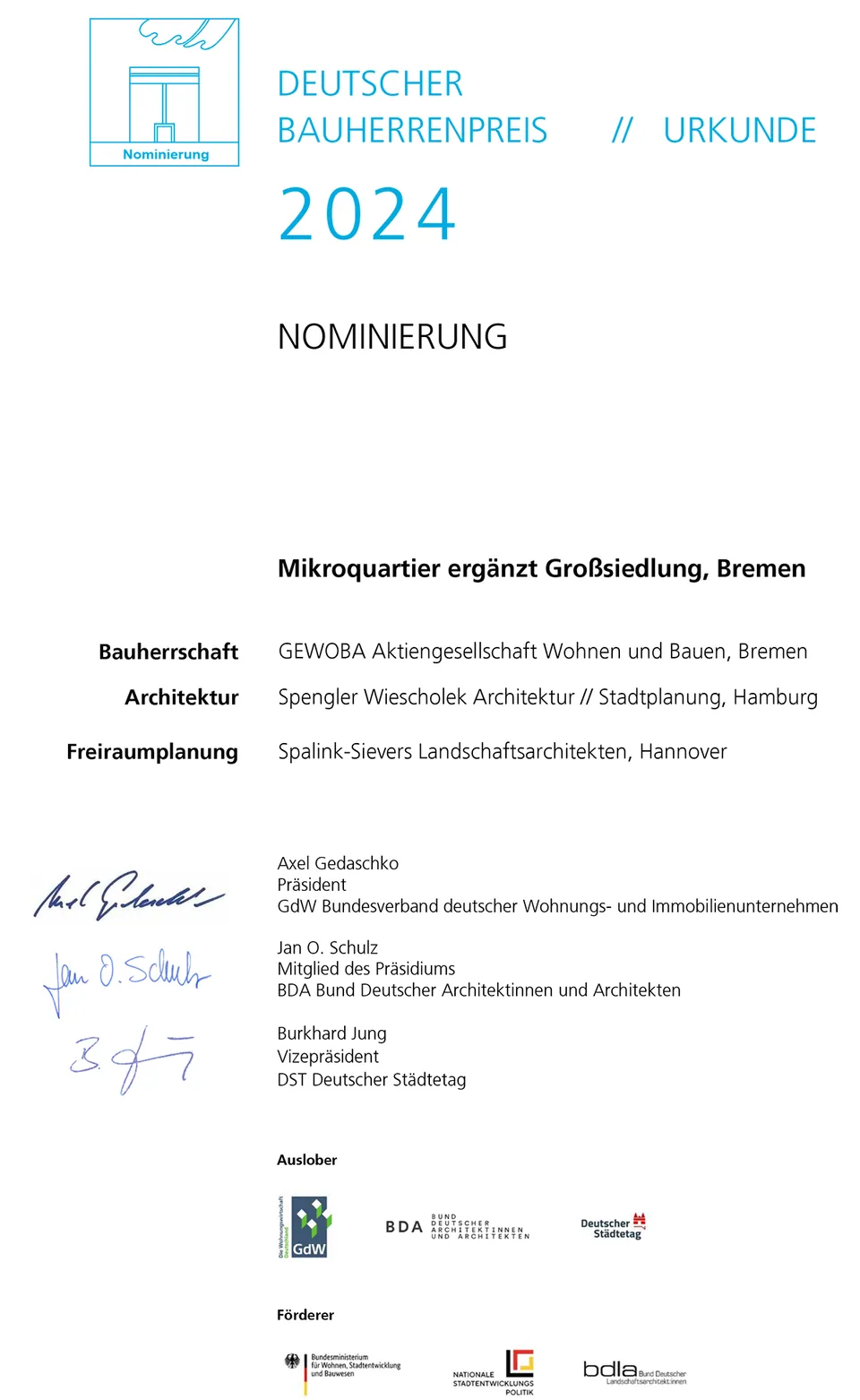 Nominierung unseres Projektes Mikroquartier ergänzt Großsiedlung für den Deutschen Bauherrenpreis 2024